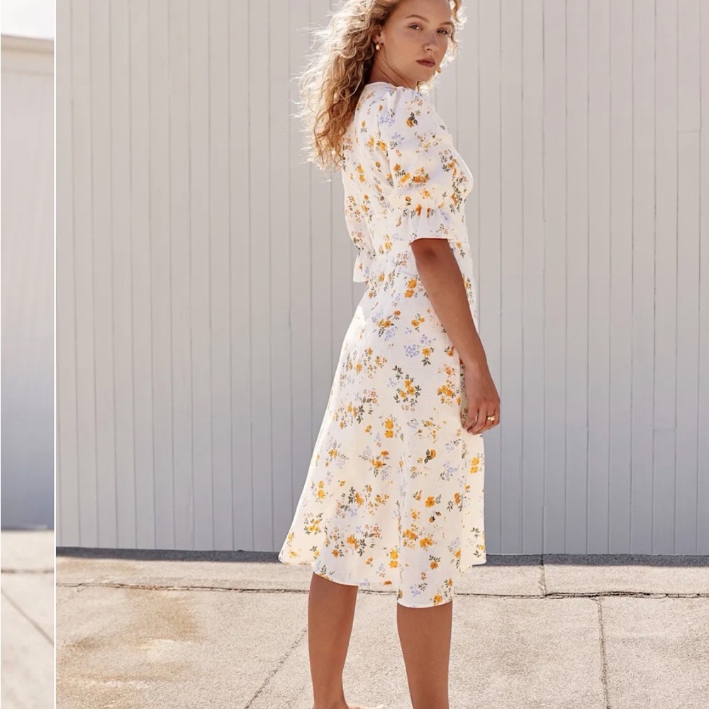 Reformation Cream Midi Dress with Yellow & Blue Floral Print - Picture 3 of 7